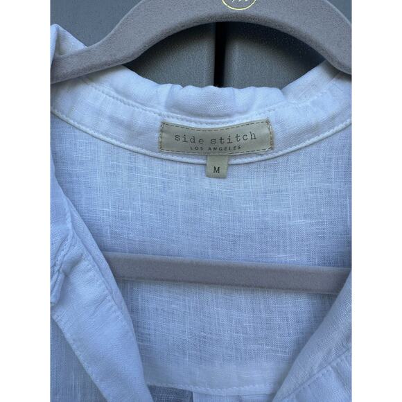 Side Stitch Los Angeles White linen popover blouse pocket Roll Tab Sleeves Sz M - Picture 6 of 12